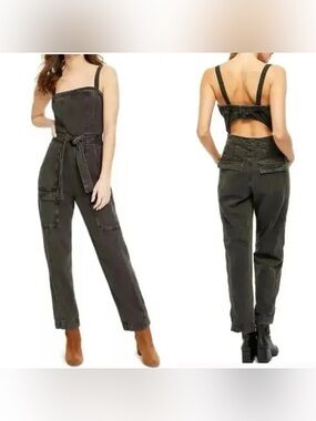 Free People Go West Washed Black Denim Open Back Overalls Jumpsuit size small